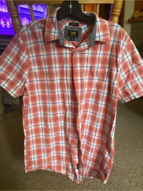 Lee Orange and White Plaid Short-Sleeve Button-Down Shirt